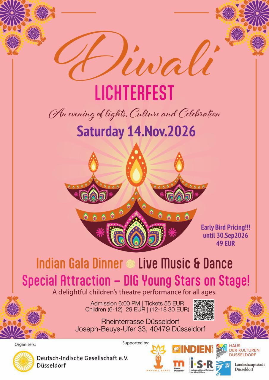 Diwali-Lichterfest-Plakat 2026 mit Programm- und Ticketinformationen